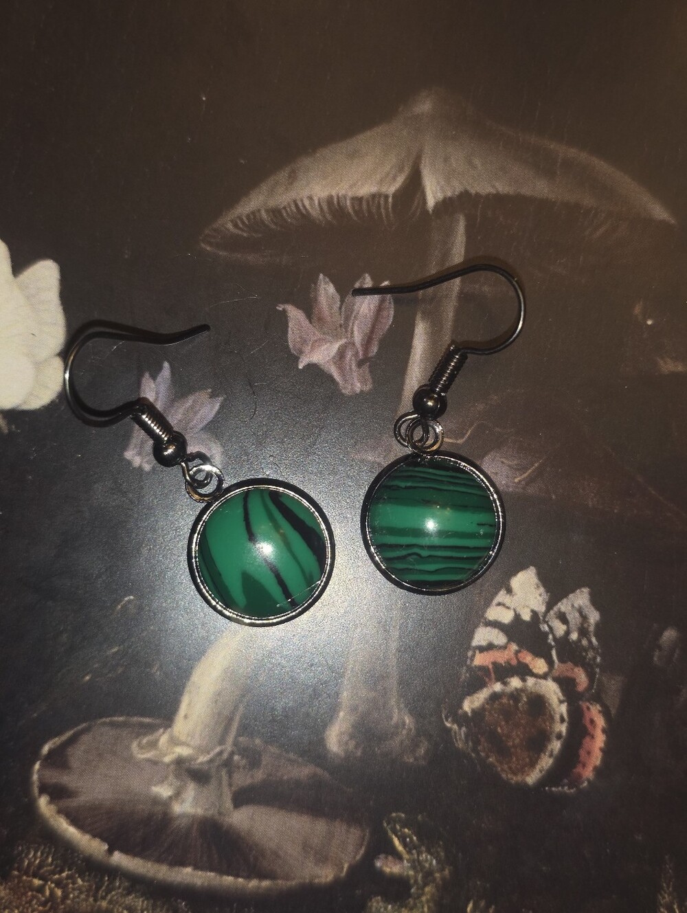 Malachite Round Gemstones In Black Bezel & Hook Earrings
